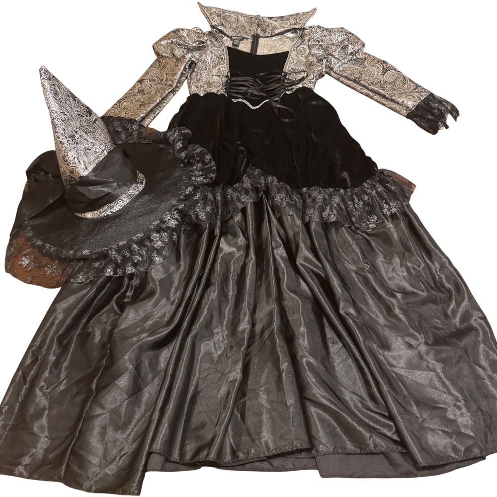 Hallow's Eve Deluxe Witch Costume Women's L 12/14 Black Silver Gothic Dress Hat